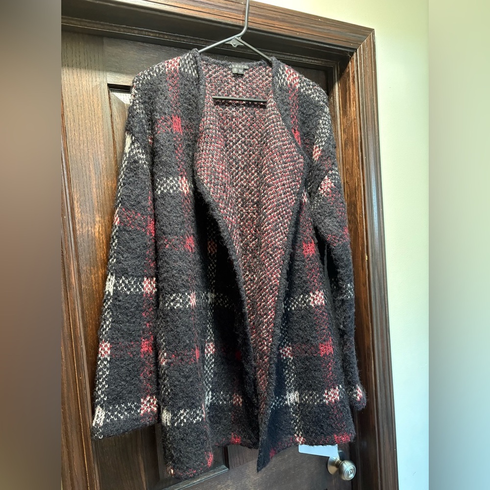 Theory Black and Red Plaid Open-Front Cardigan